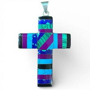 Vintage Large Southwestern Sterling Silver Gemstone Inlay Cross Pendant